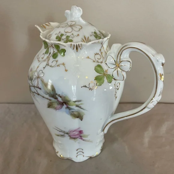 Dresden Germany Antique Porcelain Teapot Coffee Chocolate Pot Pitcher Roses Gold - Picture 4 of 16